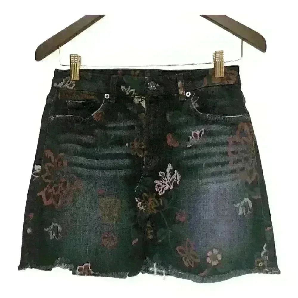 7 For All Mankind Skirt Denim Mini A Line Floral Art Raw Hem Black